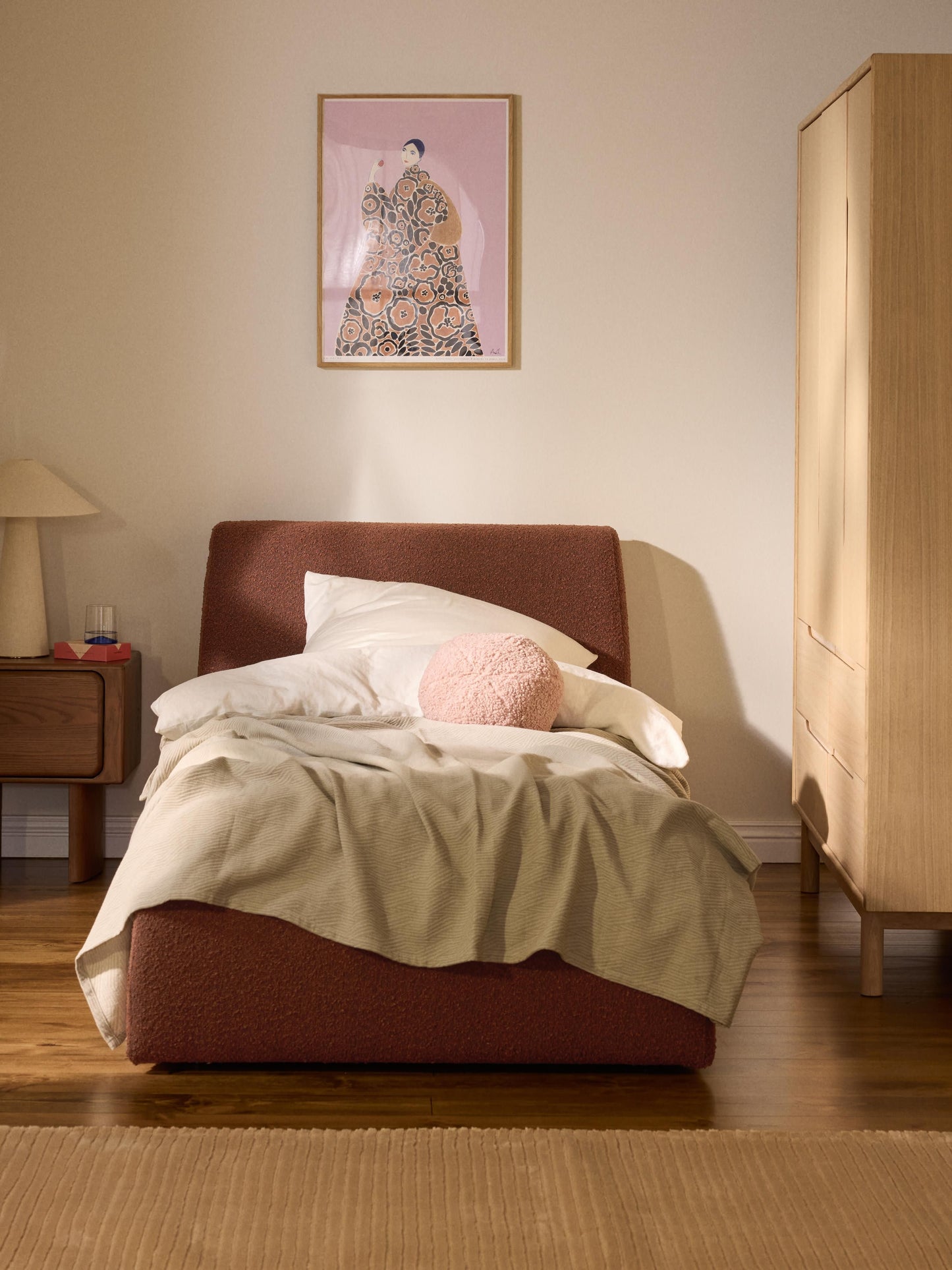 Clonardi Single Bed in Bouclé with Storage