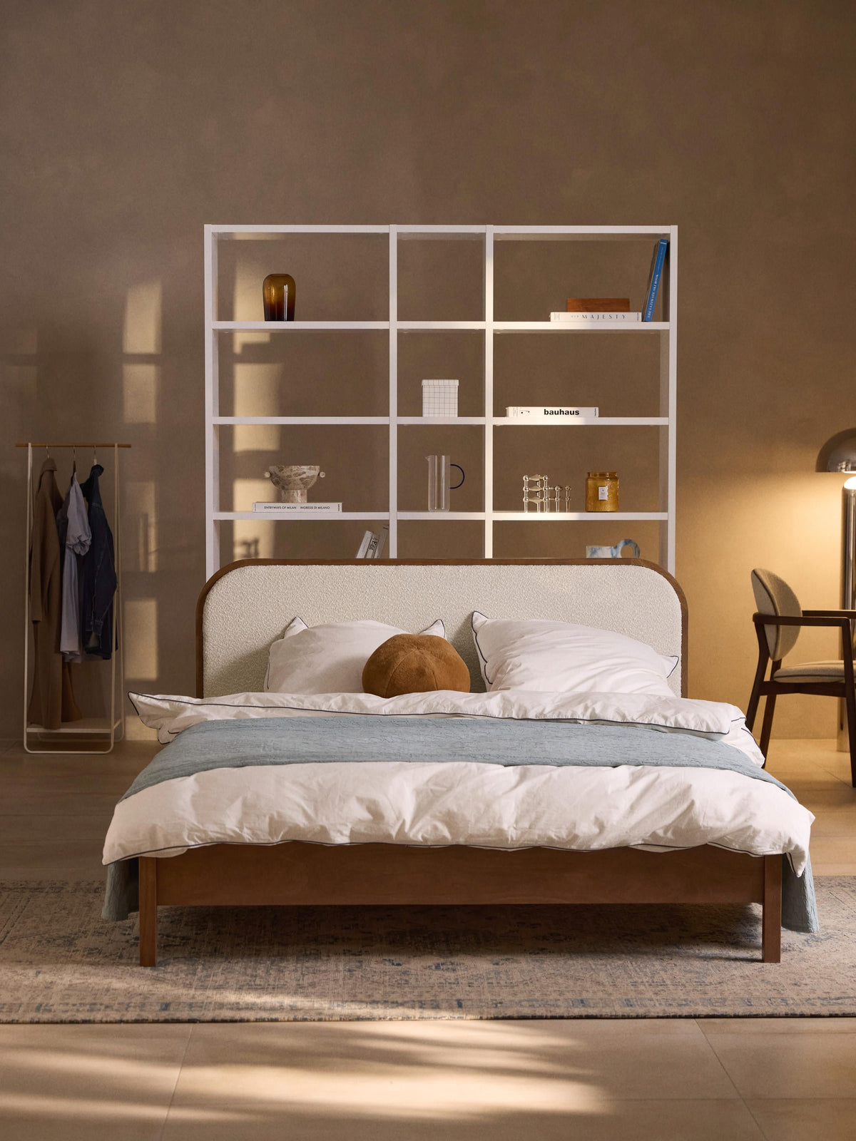 Jonquest Wooden Bed with Bouclé Headboard
