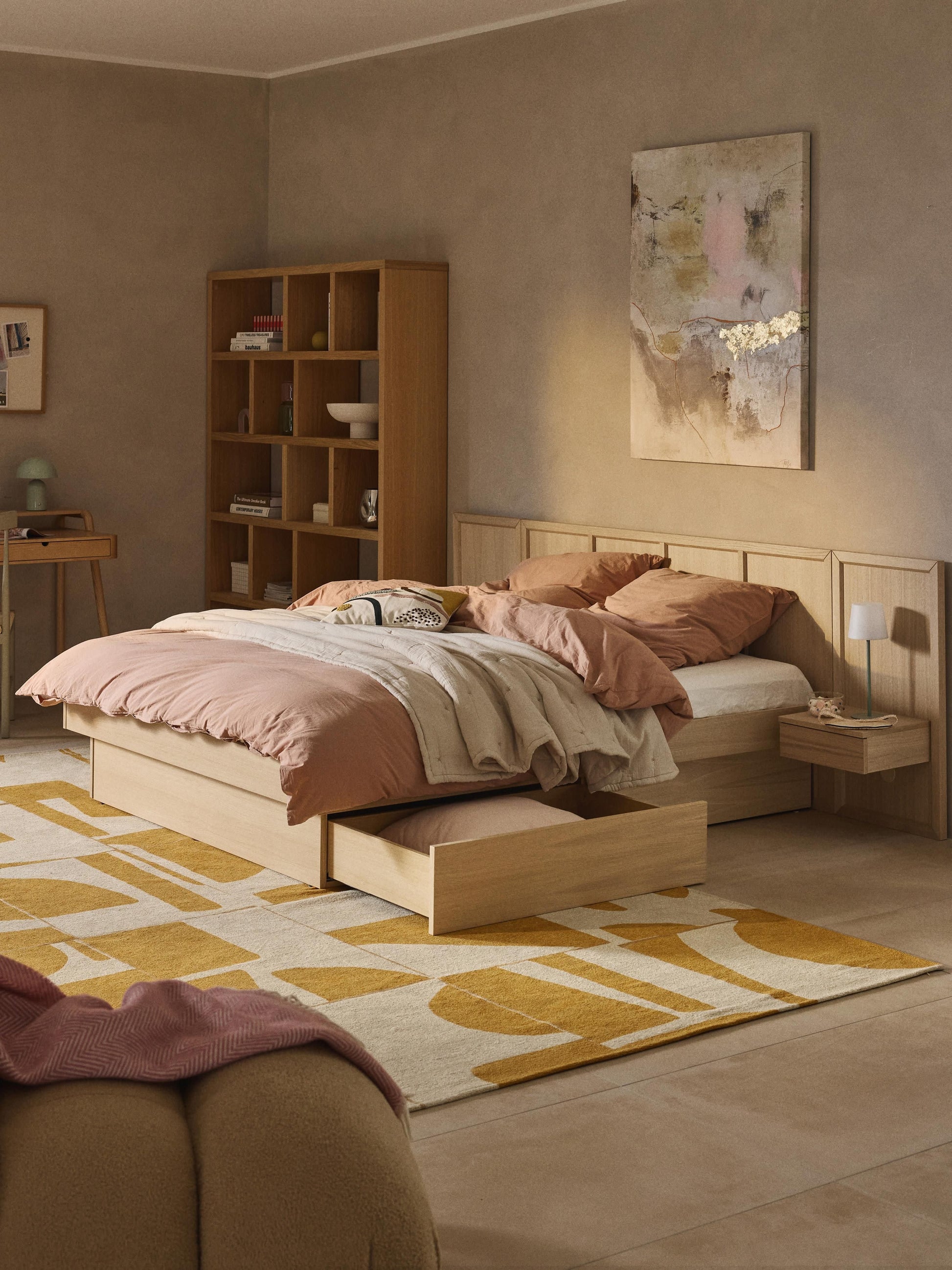 Nanroven Wooden Bed with Headboard and Bedside Tables