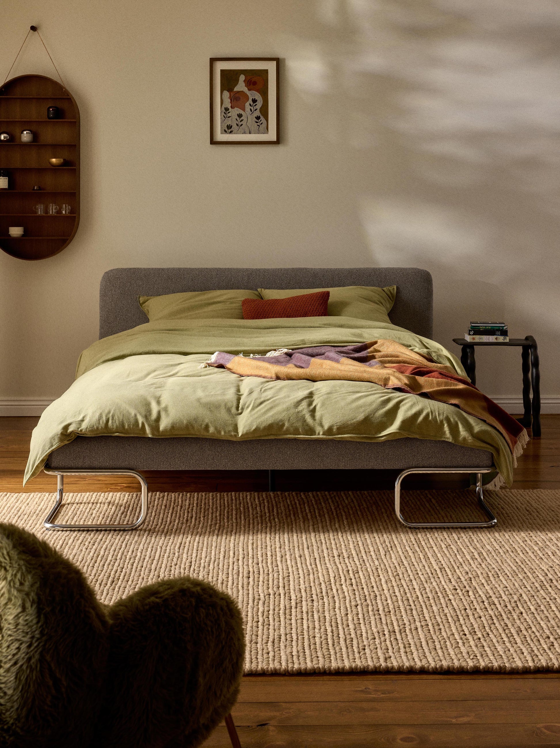 Olneva Upholstered Bed in Bouclé with Metal Legs