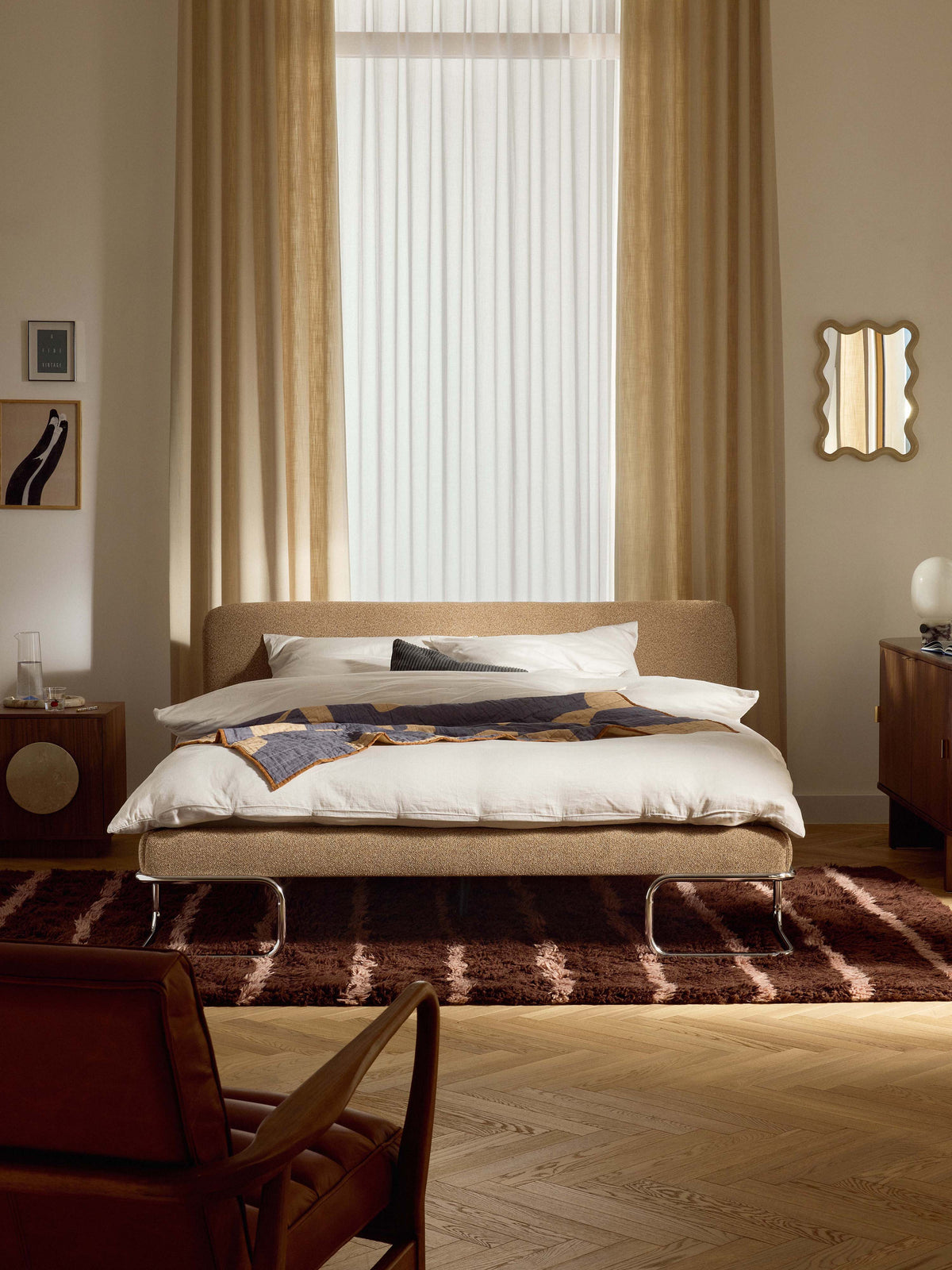 Olneva Upholstered Bed in Bouclé with Metal Legs