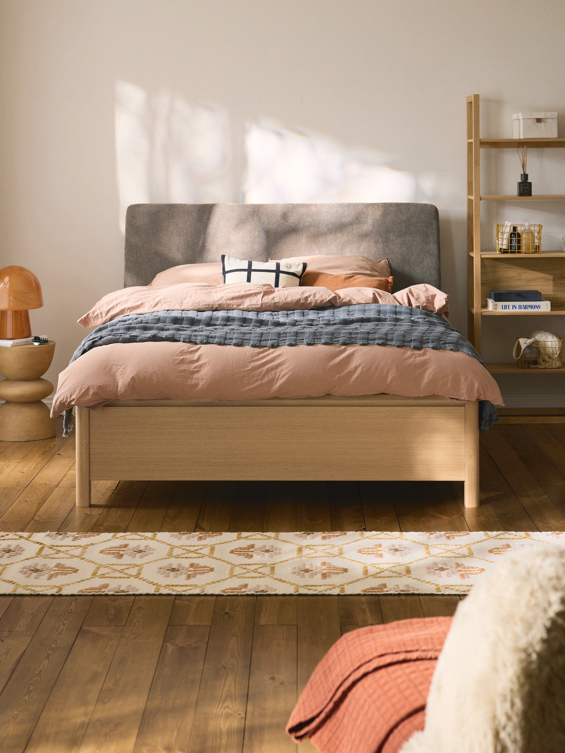 Santelvi Wooden Bed with Drawers and Upholstered Headboard