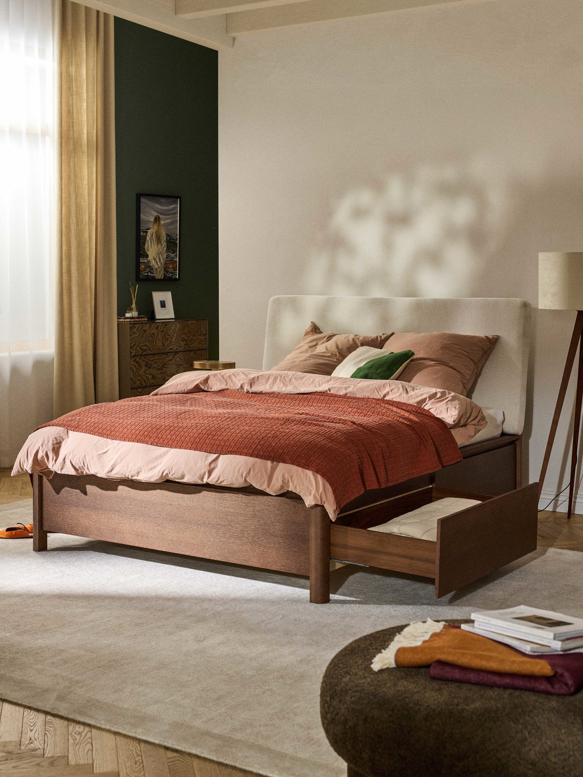 Santelvi Wooden Bed with Drawers and Upholstered Headboard